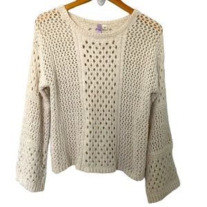 Open-Knit Crochet Bell-Sleeve Sweater Crew Neck Top Y2K!! Boho Chic!